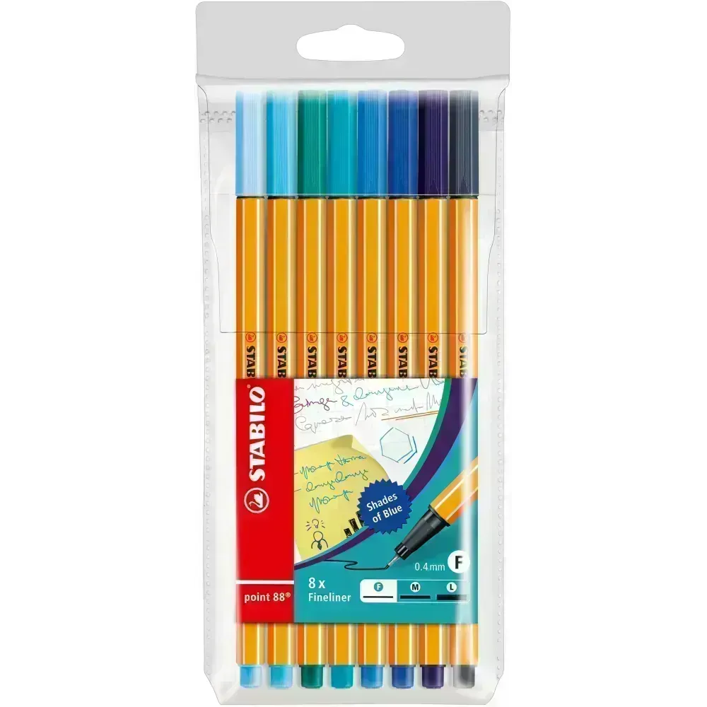 Micropunta/Felpa, Point 88, Punta Fina  0.4 mm, Estuche x 8 Unds. 8 Colores Azules Surtidos