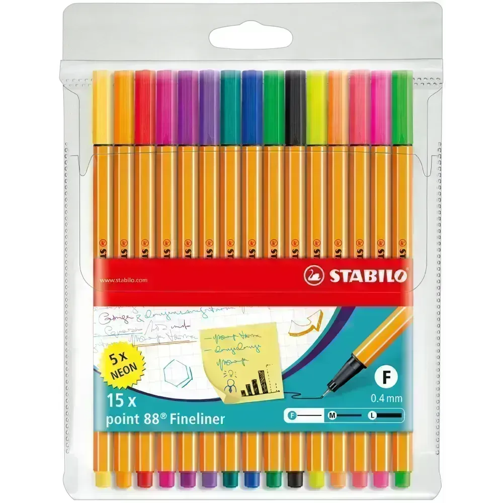 Micropunta/Felpa, Point 88, Punta Fina  0.4 mm, Estuche x 15 Unds. 10 Colores Básicos + 5 Colores Neón, Surtidos