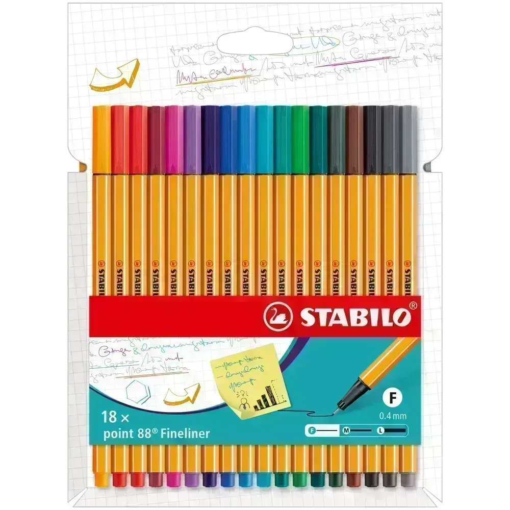 Micropunta/Felpa, Point 88, Punta Fina  0.4 mm, Estuche x 18 Unds. 18 Colores Surtidos