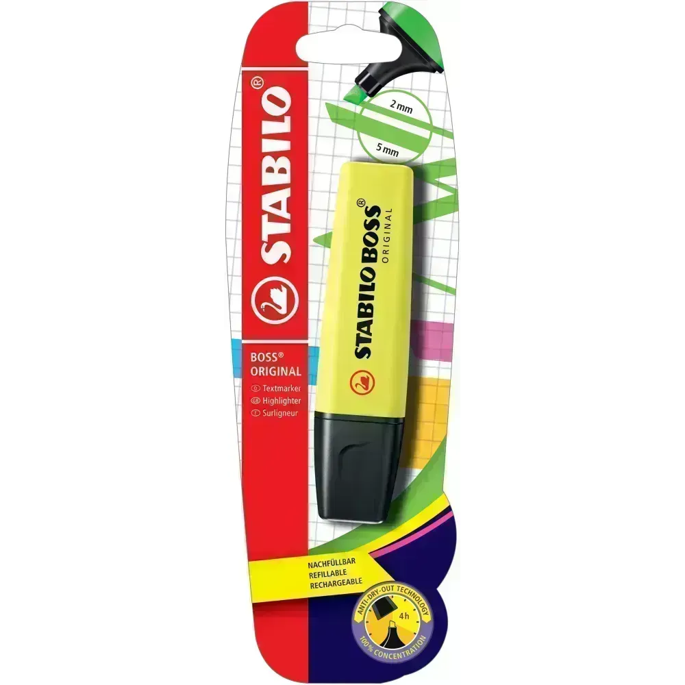 Resaltador, Boss, Punta Biselada 2.0-5.0 mm, Colores Fluo, Amarillo, Blister x 1 Und.