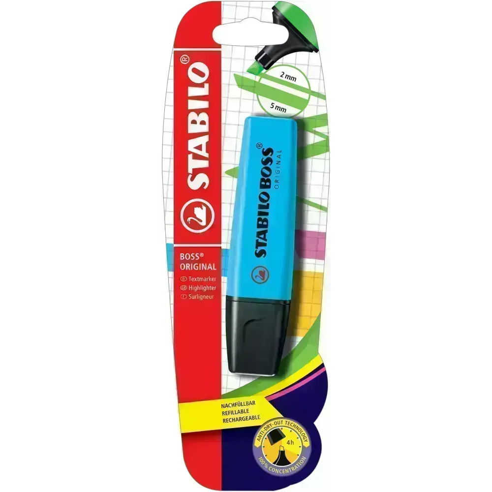 Resaltador, Boss, Punta Biselada 2.0-5.0 mm, Colores Fluo, Azul, Blister x 1 Und.