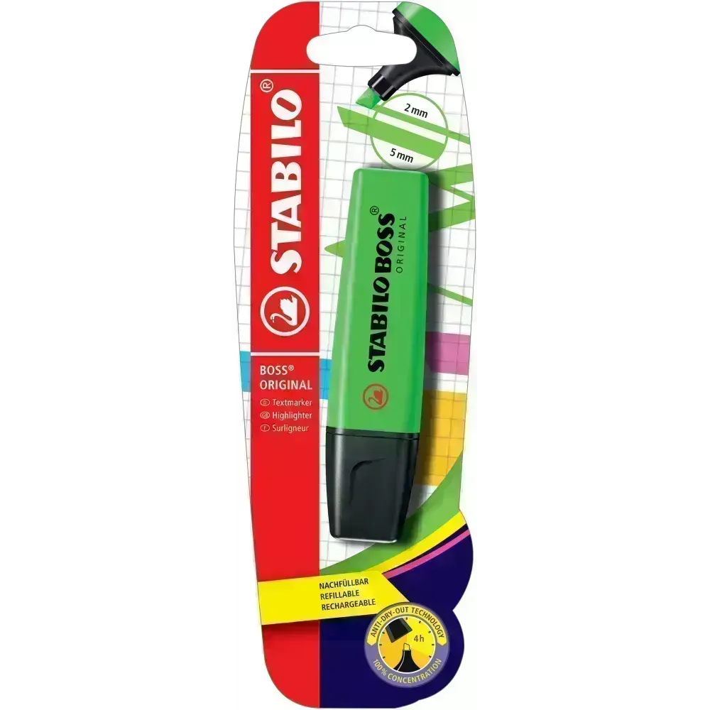 Resaltador, Boss, Punta Biselada 2.0-5.0 mm, Colores Fluo, Verde, Blister x 1 Und.