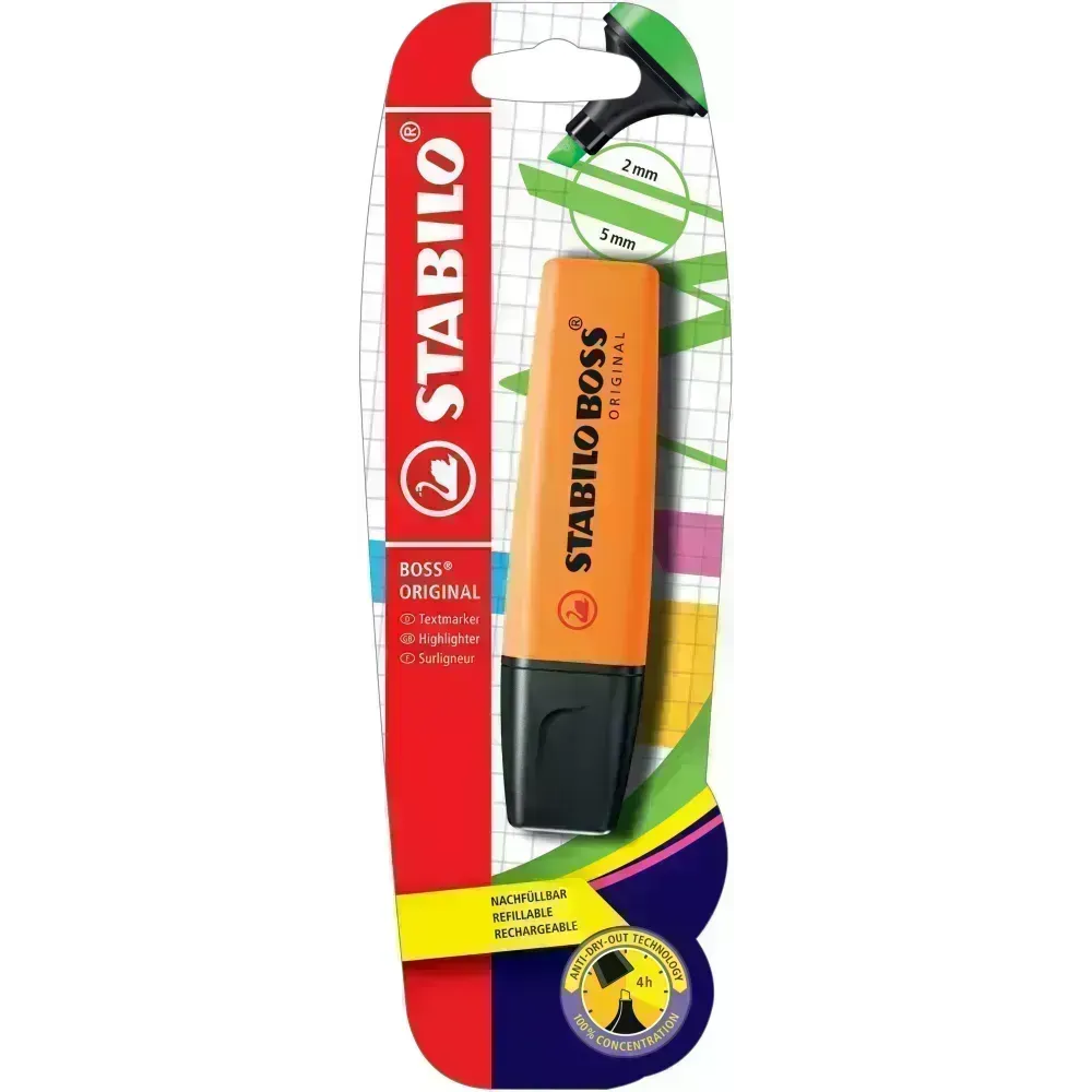 Resaltador, Boss, Punta Biselada 2.0-5.0 mm, Colores Fluo, Naranja, Blister x 1 Und.