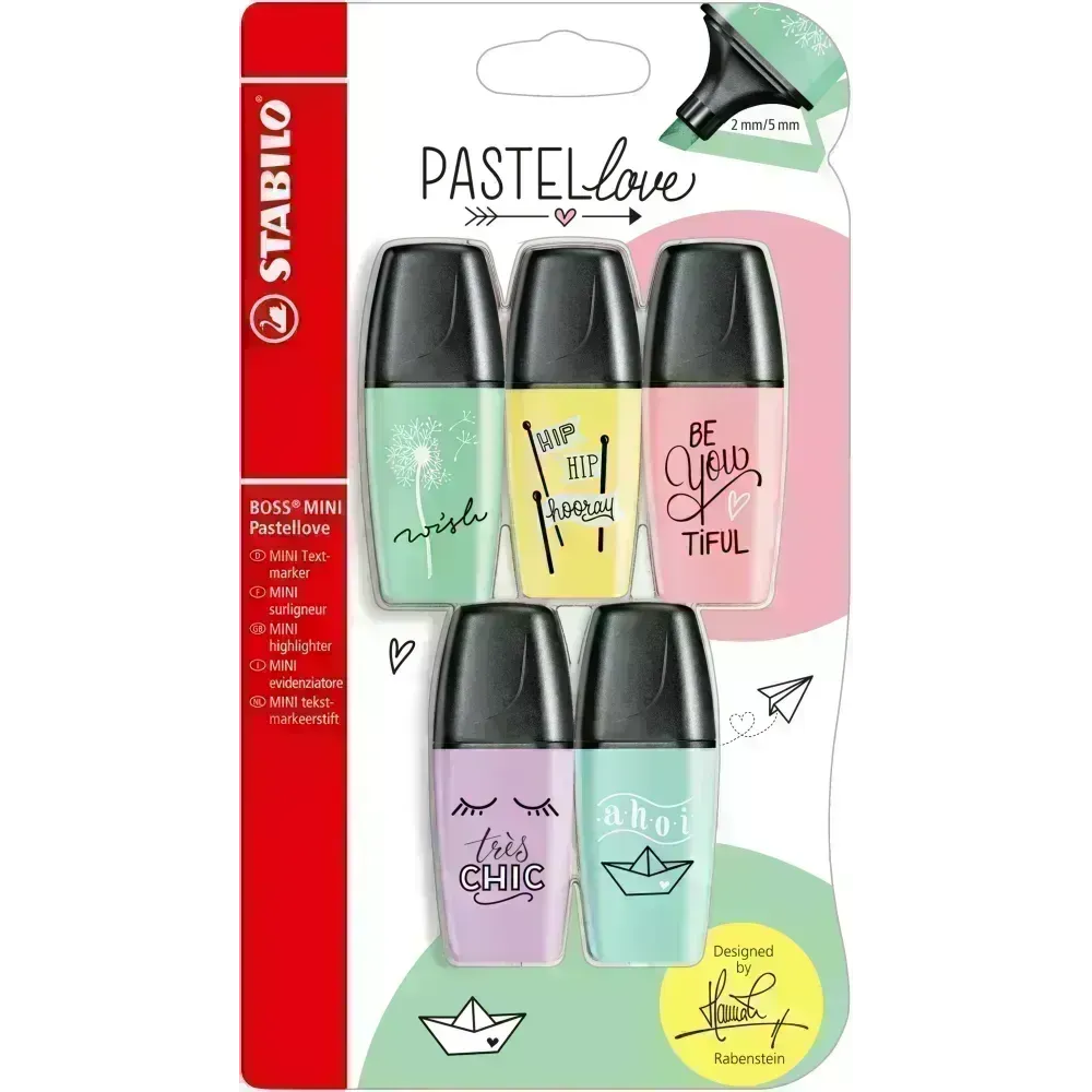Resaltador, Boss Mini, Punta Biselada 2.0-5.0 mm, Colores Pastel, Estuche x 5 Unds. Colores Surtidos