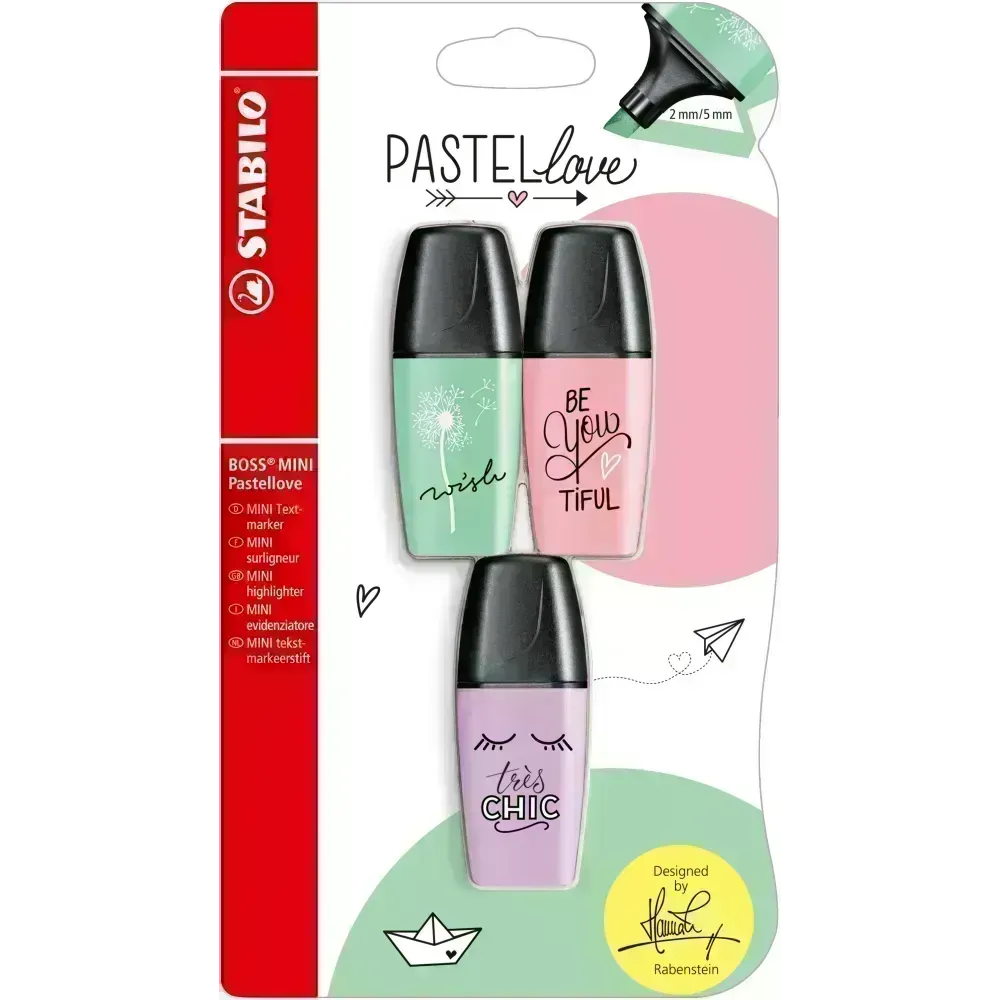 Resaltador, Boss Mini, Punta Biselada 2.0-5.0 mm, Colores Pastel, Estuche x 3 Unds. Colores Surtidos