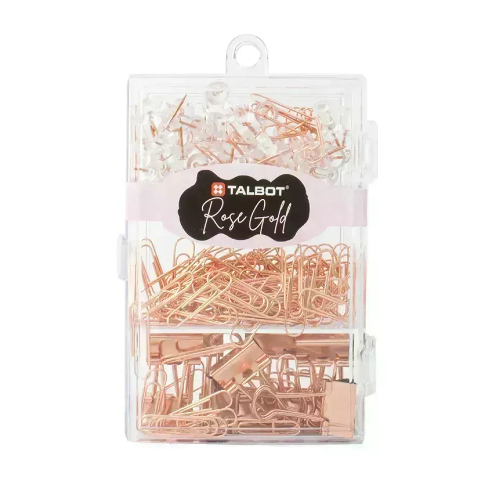 Set, Talbot Golden Rose, Chinchetas y Clips, Caja Plastica Rectangular, 1 Und