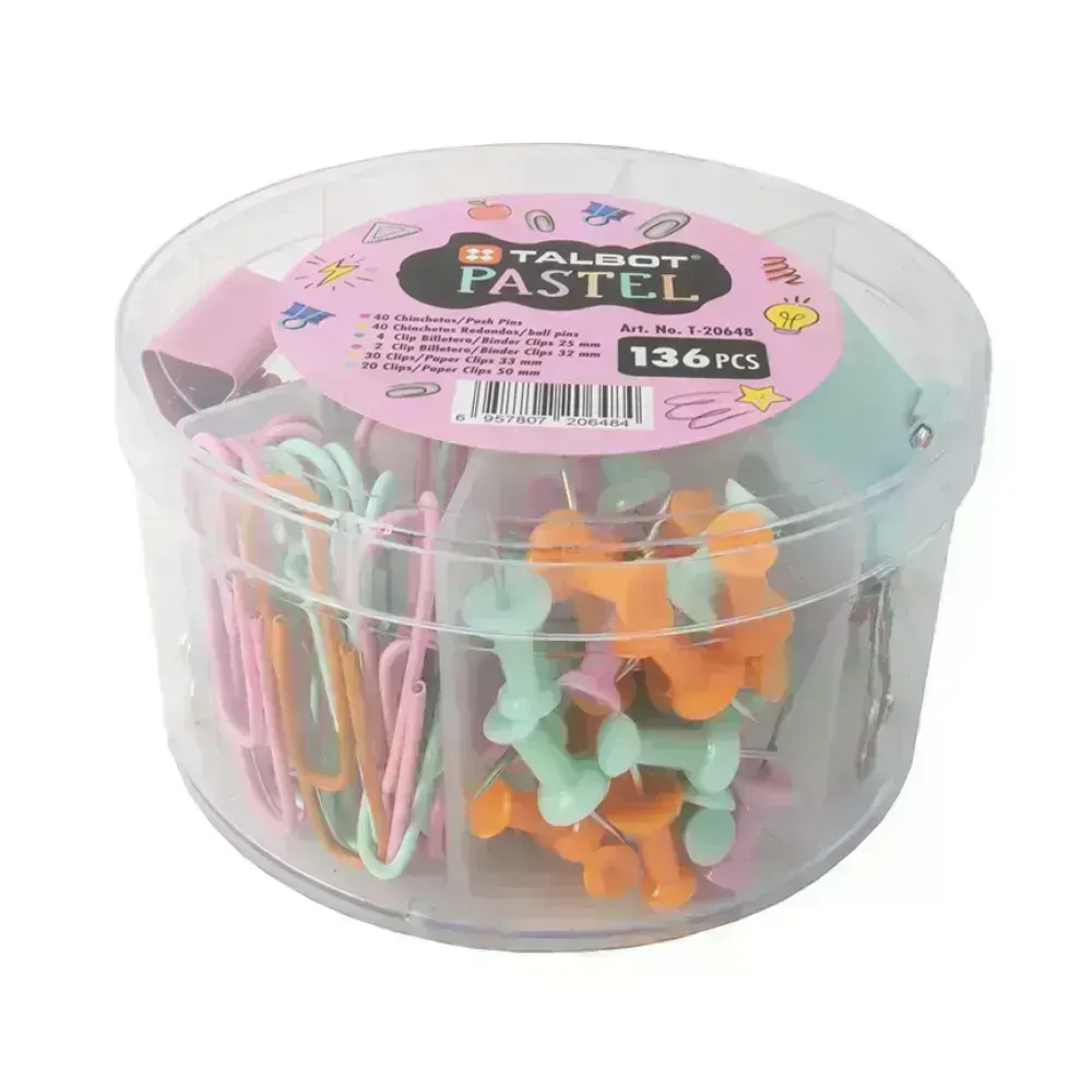 Set, Talbot Colors Pastel, Chinchetas, Ligas y Clips, Caja Plastica Circular, 1 Und