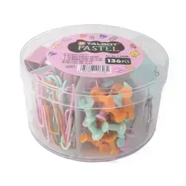 Set, Talbot Colors Pastel, Chinchetas, Ligas y Clips, Caja Plastica Circular, 1 Und