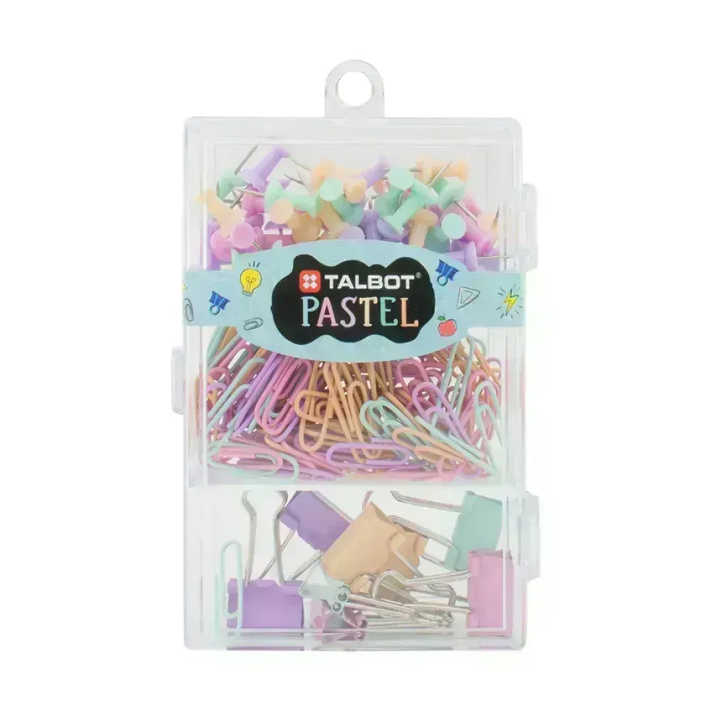 Set, Talbot Colors Pastel, Chinchetas y Clips, Caja Plastica Rectangular, 1 Und