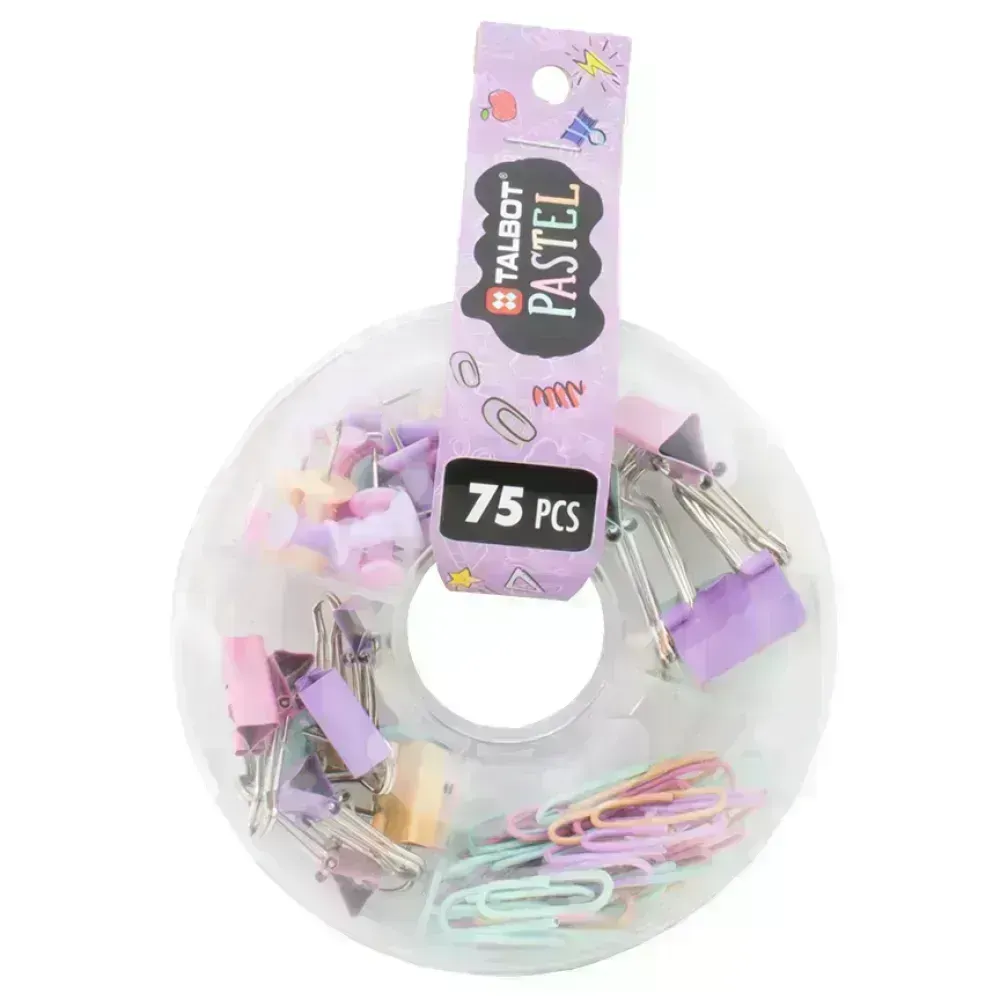 Set, Talbot Colors Pastel, Chinchetas y Clips, Caja Plastica Donut, 1 Und