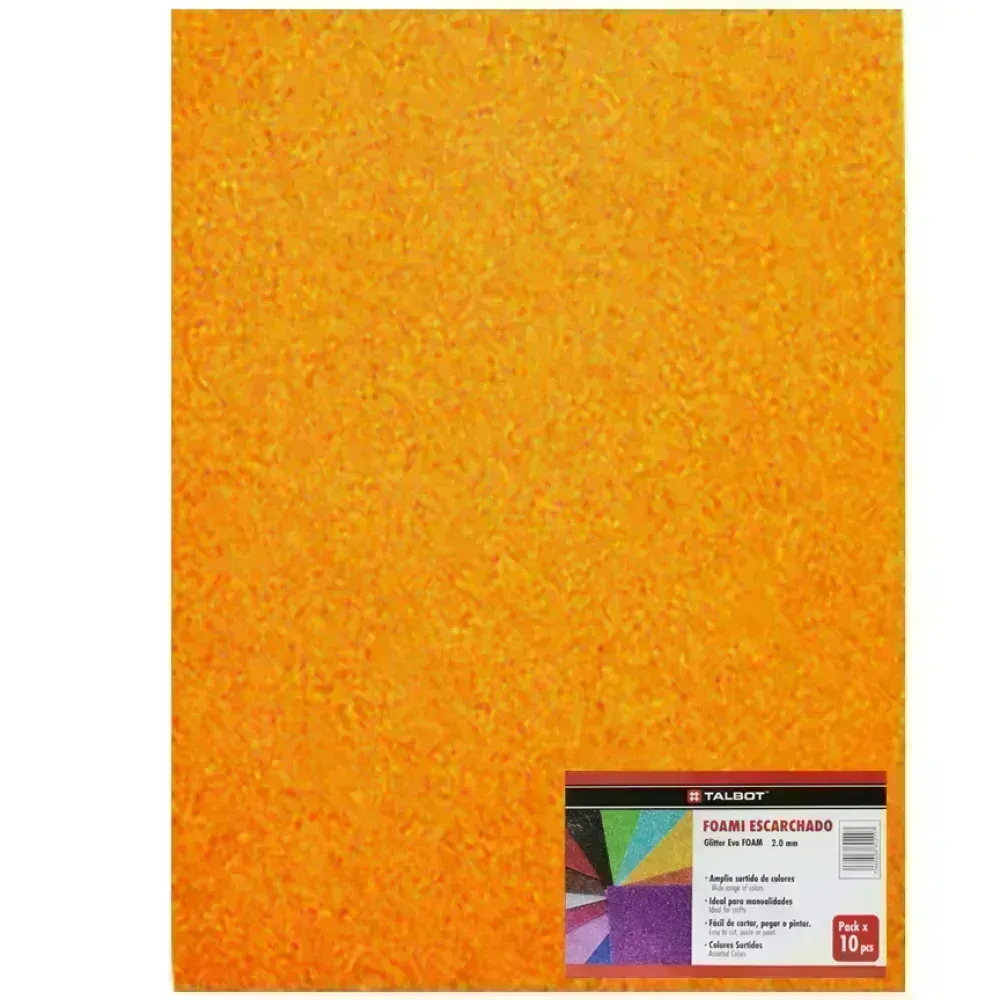 Goma Eva Glitter, Tam. 50 cm x 70 cm, 2 mm, Pack x 10 h. Naranja