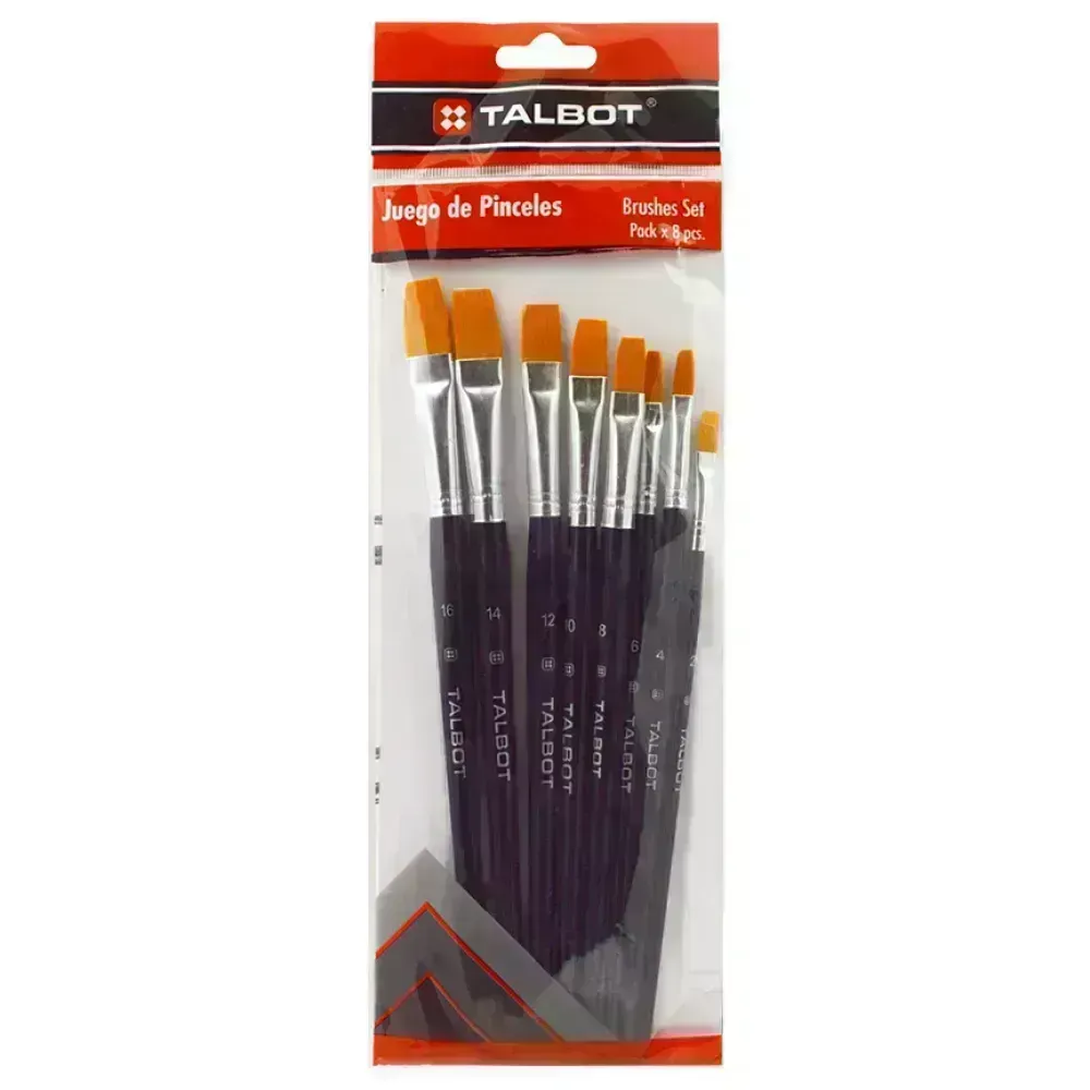 Pinceles, Nylon Planos, Blister x 8 Unds., Nro. 2, 3, 4, 5, 6, 8, 10, 12