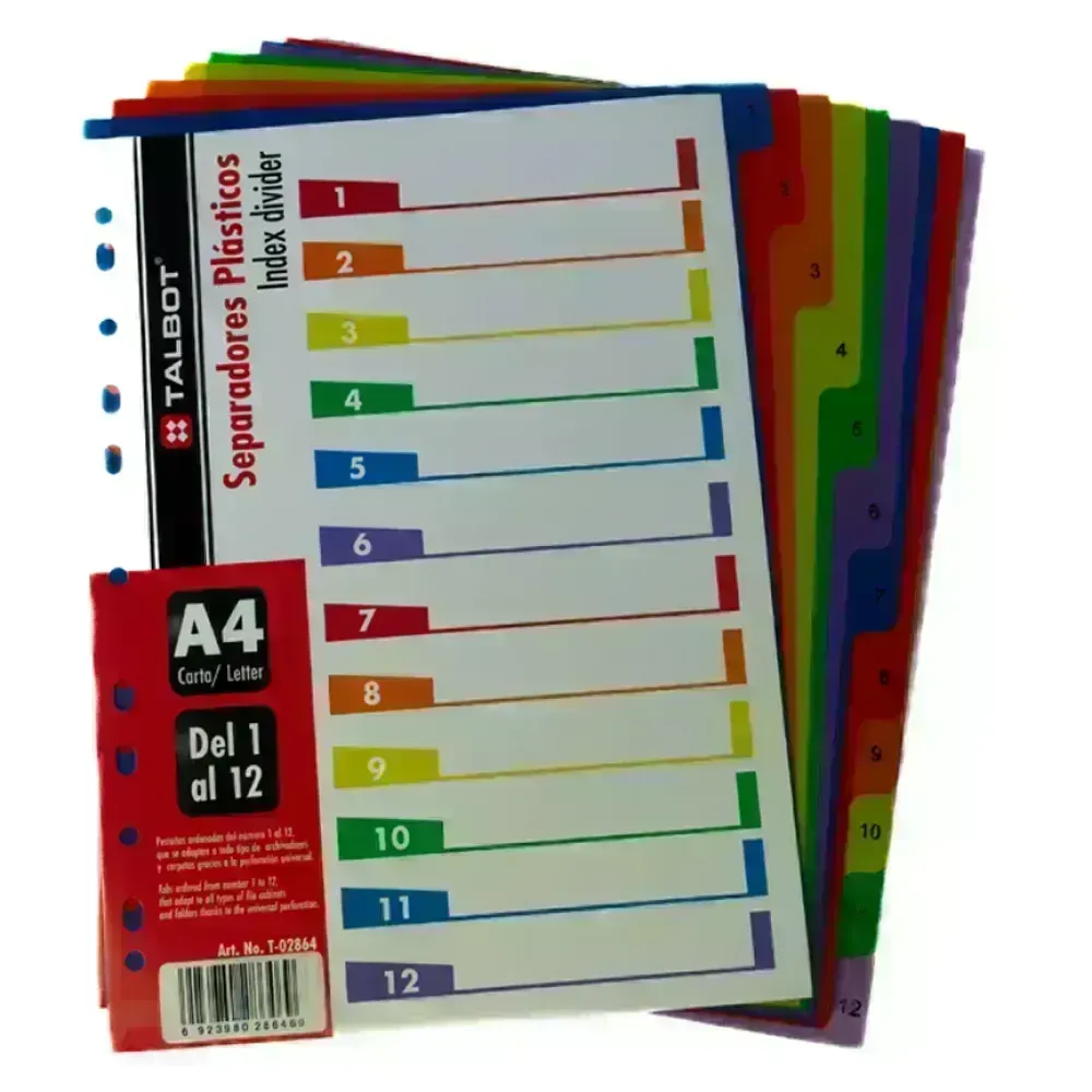 Separ. plásticos, Multicolor, Tam. A4, Números 1 al 12