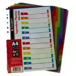 Separ. plásticos, Multicolor, Tam. A4, Números 1 al 12