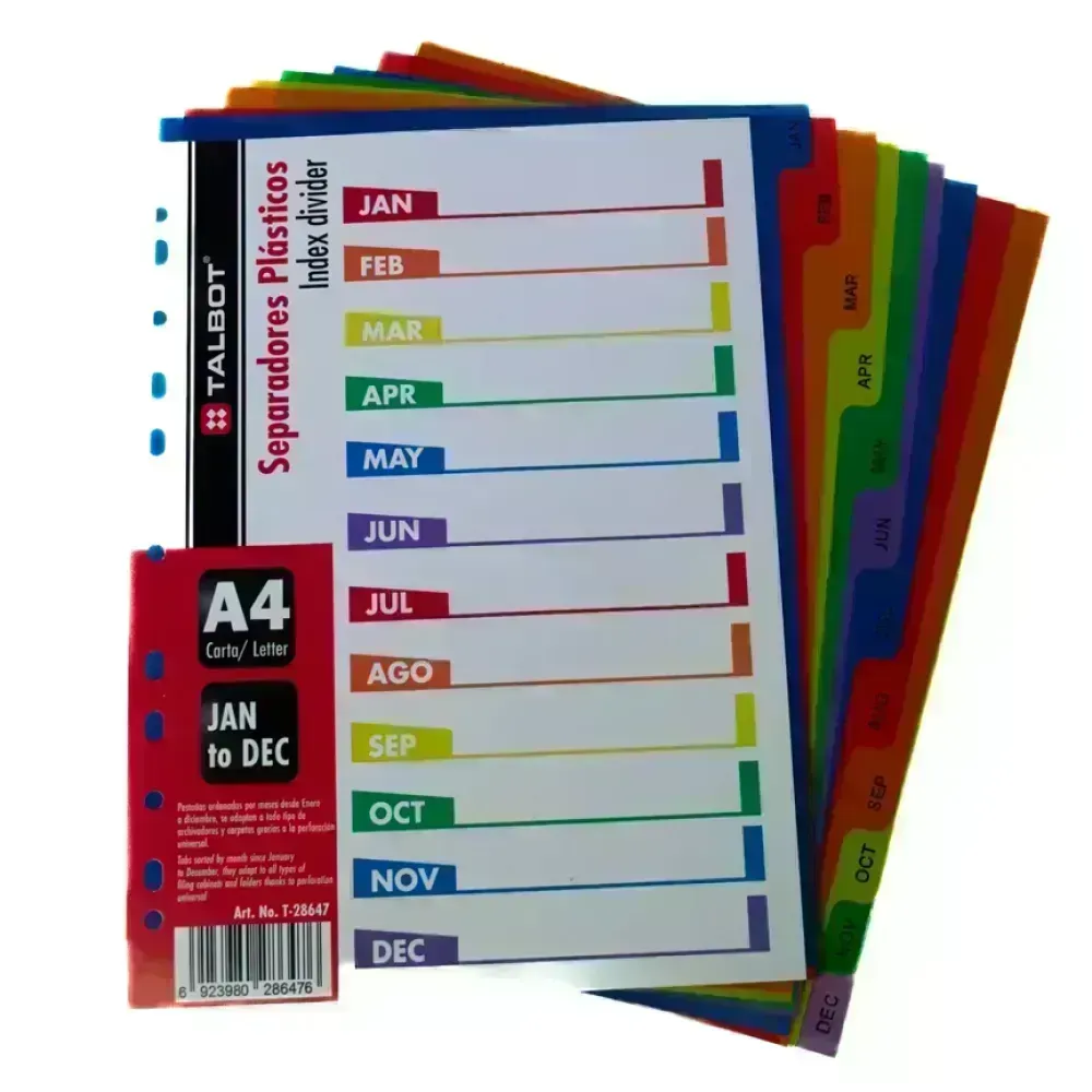 Separ. plásticos, Multicolor, Tam. A4, Meses Ene a Dic
