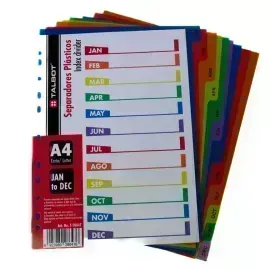 Separ. plásticos, Multicolor, Tam. A4, Meses Ene a Dic