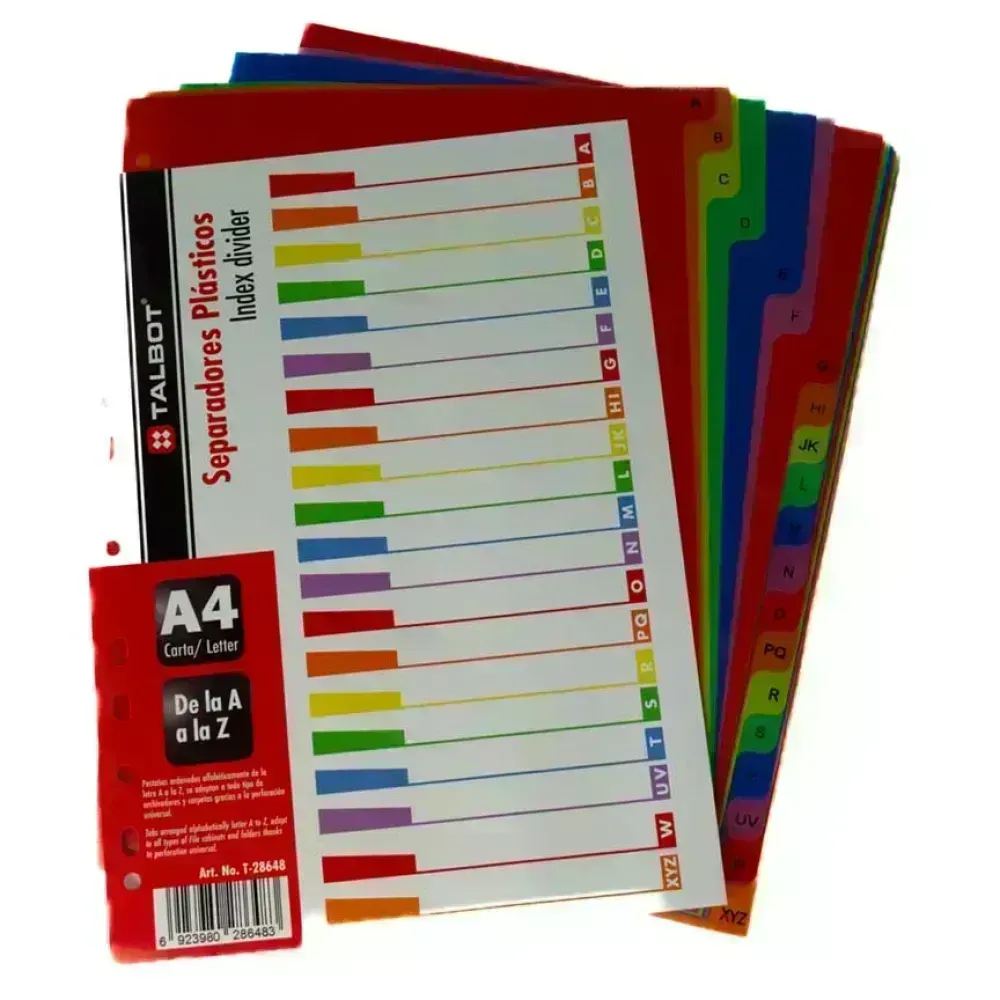 Separ. plásticos, Multicolor, Tam. A4, Letras A a la Z