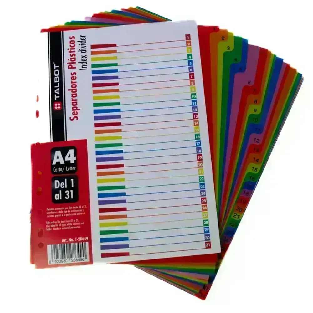 Separ. plásticos, Multicolor, Tam. A4, Números 1 al 31
