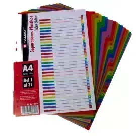 Separ. plásticos, Multicolor, Tam. A4, Números 1 al 31