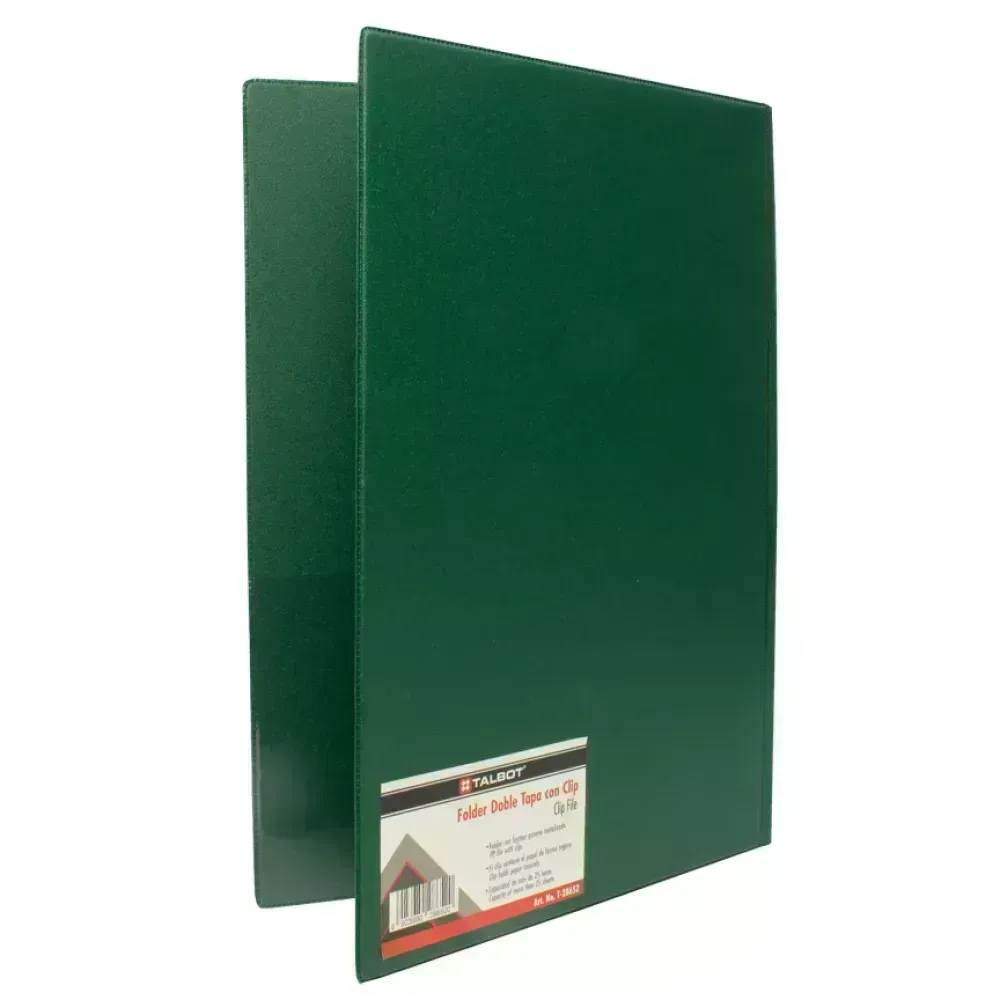 Folder, Doble Tapa con Clip, Tam. Oficio. Col. Verde Oscuro, 1 Und. 
