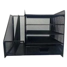 Organizador de Escritorio, Metal, 4 bandejas + revisteros. 1 Und.