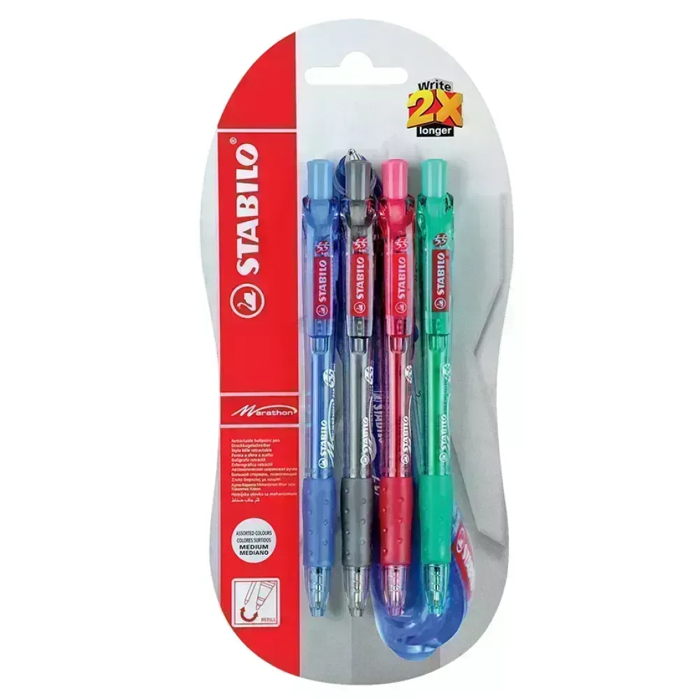 Bolígrafo Retractil, Marathon 318, Punta Media 0.45 mm, Blister x 4 Unds., Azul, Negro, Rojo, Verde