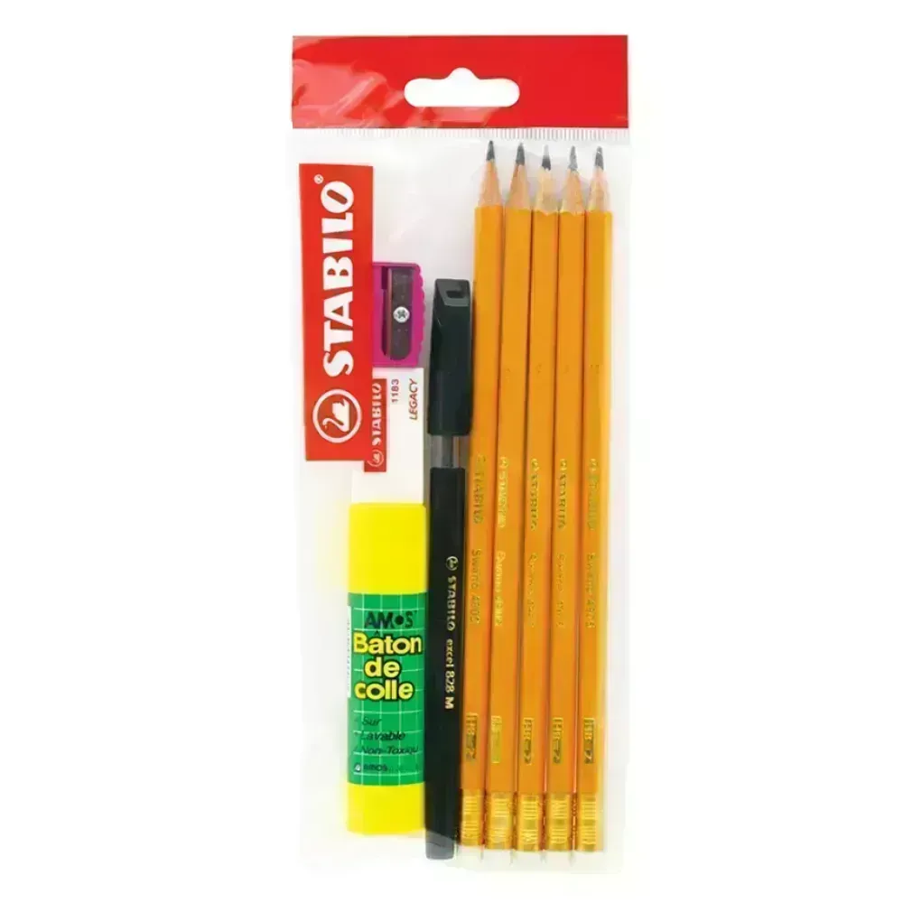 Lápices de Grafito, Swano, HB, Cuerpo Hexagonal, Mina 2.2 mm. Pack x 5 Unds. + 1x Pegamento en Barra 8.2 g + 1x Boligrafo 828 + 1x Borrador 1183 + 1x Sacap.