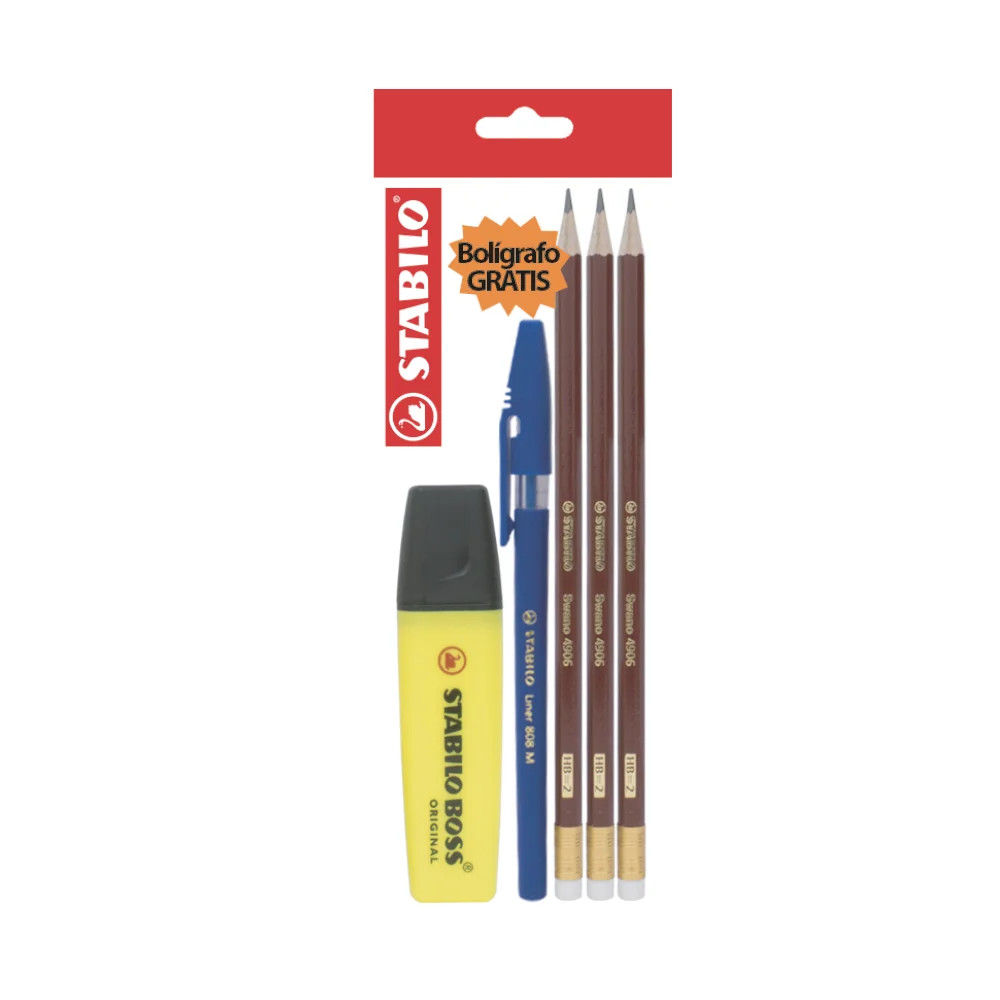 Lápices de Grafito, Swano, HB, Cuerpo Hexagonal, Mina 2.2 mm. Pack x 3 Unds. + 1x Resaltador Boss + 1x Bolígrafo 808MS