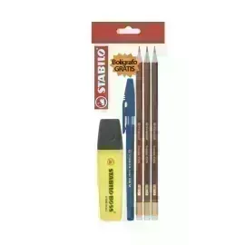 Lápices de Grafito, Swano, HB, Cuerpo Hexagonal, Mina 2.2 mm. Pack x 3 Unds. + 1x Resaltador Boss + 1x Bolígrafo 808MS