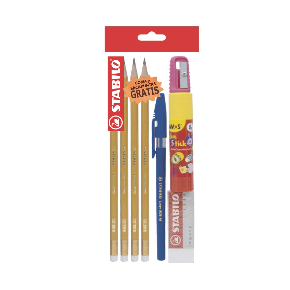 Lápices de Grafito, Swano, HB, Cuerpo Hexagonal, Mina 2.2 mm. Pack x 3 Unds. + 1x Pegamento en Barra 8.2 gs + 1x Bolígrafo 308M + 1x Borrador 1186 + 1x Sacapuntas