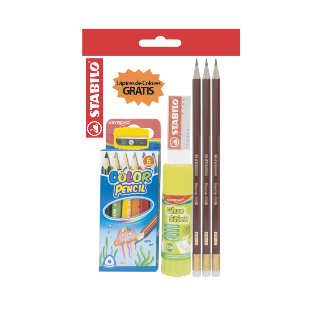 Lápices de Grafito, Swano, HB, Cuerpo Hexagonal, Mina 2.2 mm. Pack x 3 Unds. + Láp. de Color Cortos  + 1x Pegamento en Barra 8.2 g + 1x Borrador 1186 + Sacapuntas 