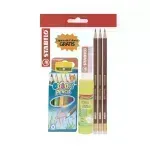 Lápices de Grafito, Swano, HB, Cuerpo Hexagonal, Mina 2.2 mm. Pack x 3 Unds. + Láp. de Color Cortos  + 1x Pegamento en Barra 8.2 g + 1x Borrador 1186 + Sacapuntas 