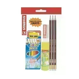 Lápices de Grafito, Swano, HB, Cuerpo Hexagonal, Mina 2.2 mm. Pack x 3 Unds. + Láp. de Color Cortos  + 1x Pegamento en Barra 8.2 g + 1x Borrador 1186 + Sacapuntas 