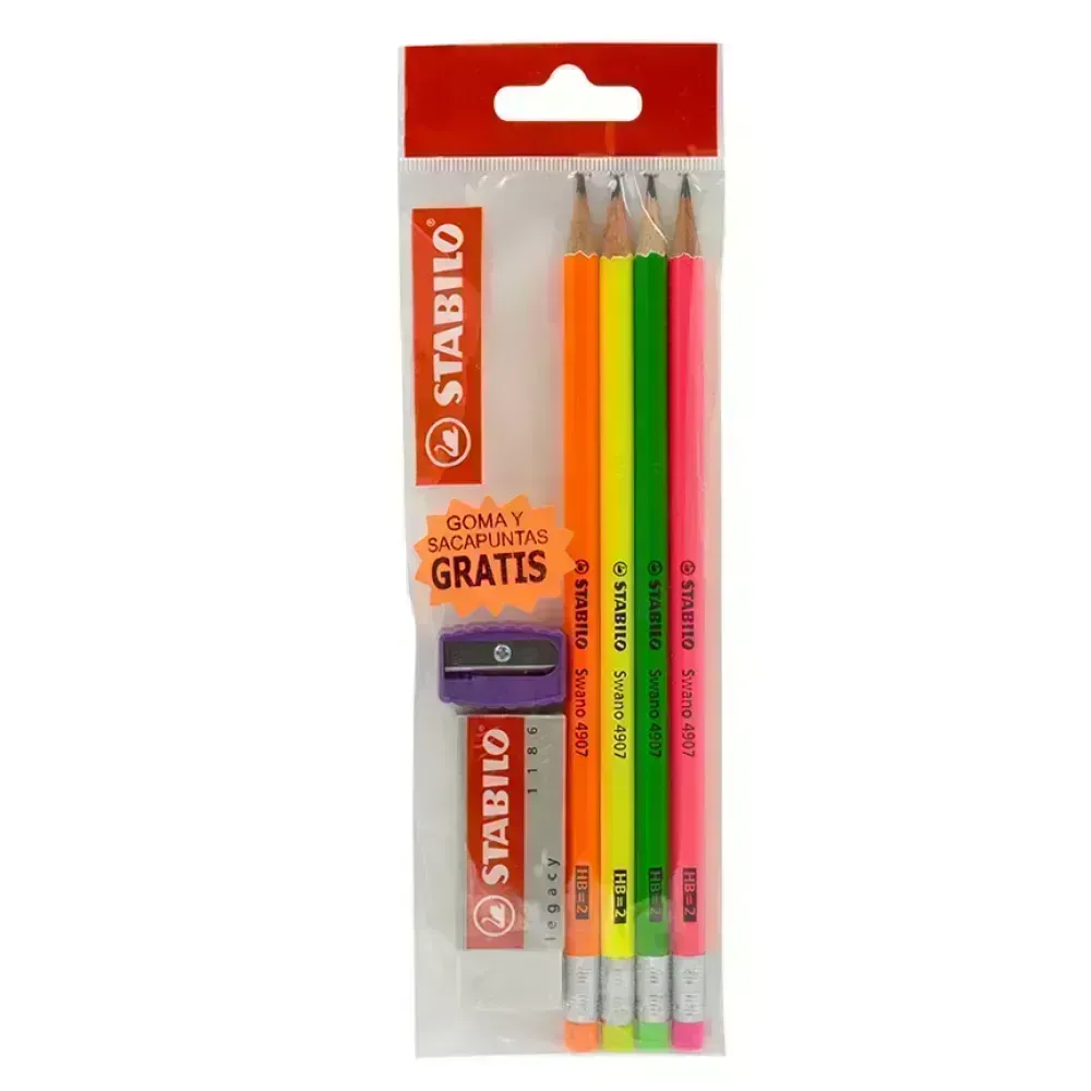 Lápices de Grafito, Swano, HB, Barniz Neon, Cuerpo Hexagonal, Mina 2.2 mm, c/Borrador, Pack x 4 Unds. + Borrador 1186 + Sacapuntas
