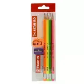 Lápices de Grafito, Swano, HB, Barniz Neon, Cuerpo Hexagonal, Mina 2.2 mm, c/Borrador, Pack x 4 Unds. + Borrador 1186 + Sacapuntas